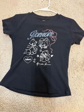 Adore Black Short Sleeve Tee with White & Pink Cat Graphics